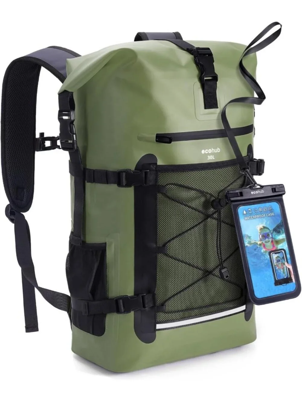 Waterproof Roll-Top Backpack 30L for Travel, Heavy Duty Dry Bag & Phone Case